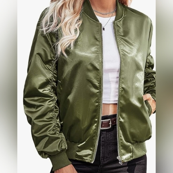Free People Oversized Military Army Green Satin Bomber Jacket - Picture 1 of 12